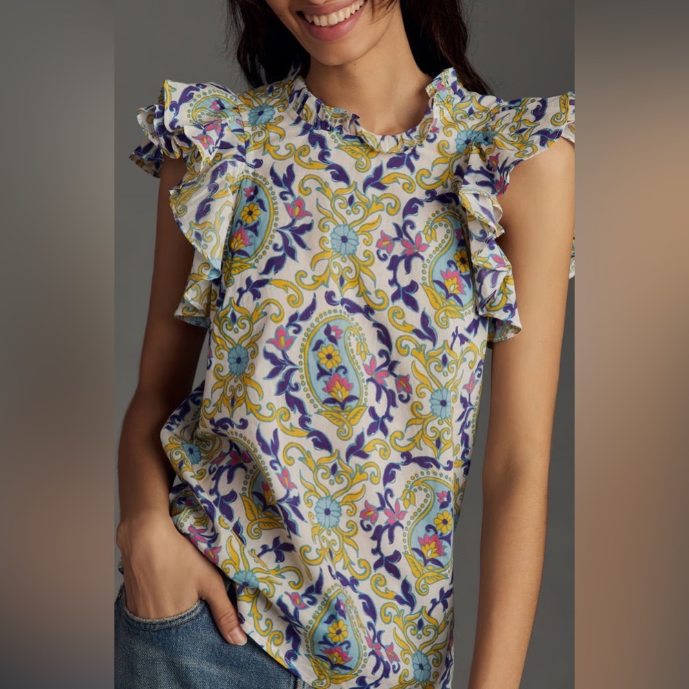 Banjanan White Paisley-Print Ruffle Sleeve Blouse